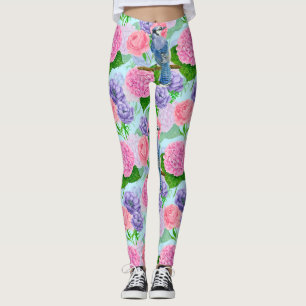Blue jay and flowers watercolor pattern leggings