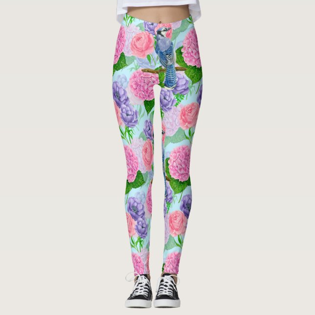 Blue jay and flowers watercolor pattern leggings (Front)