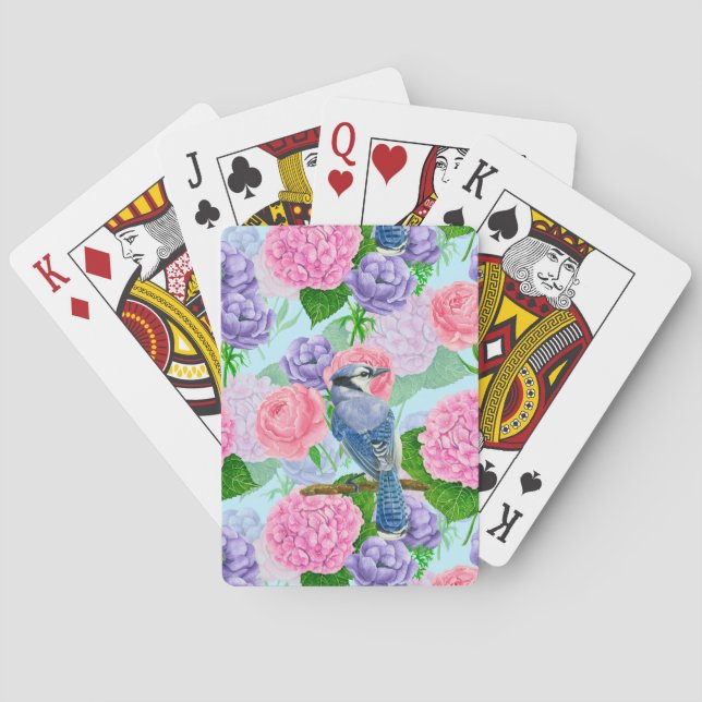 Blue jay and flowers watercolor pattern playing cards (Back)