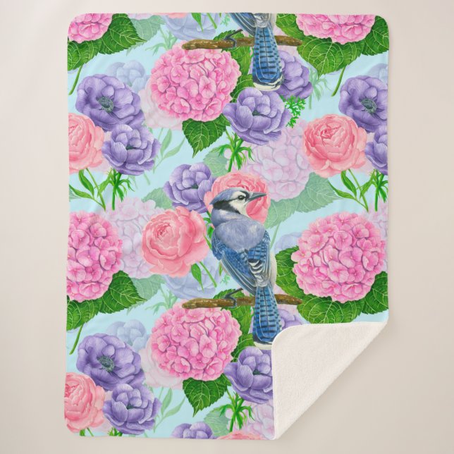 Blue jay and flowers watercolor pattern sherpa blanket (Front)