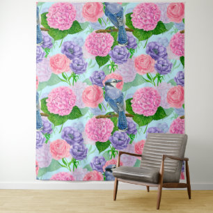 Blue jay and flowers watercolor pattern tapestry