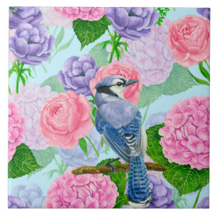 Blue jay and flowers watercolor pattern tile