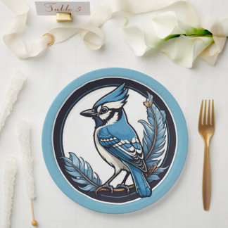 Blue Jay Bird and Feathers Blue Paper Plate