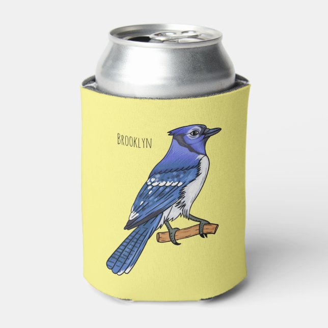 Blue jay bird cartoon illustration  can cooler (Can Front)