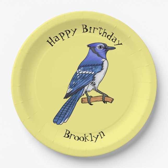 Blue jay bird cartoon illustration  paper plate (Front)