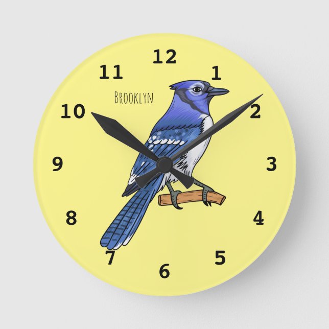 Blue jay bird cartoon illustration  round clock (Front)