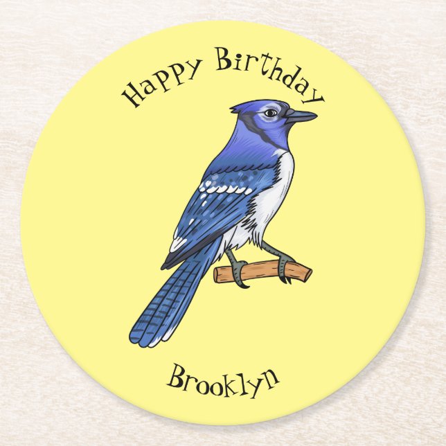 Blue jay bird cartoon illustration  round paper coaster (Front)
