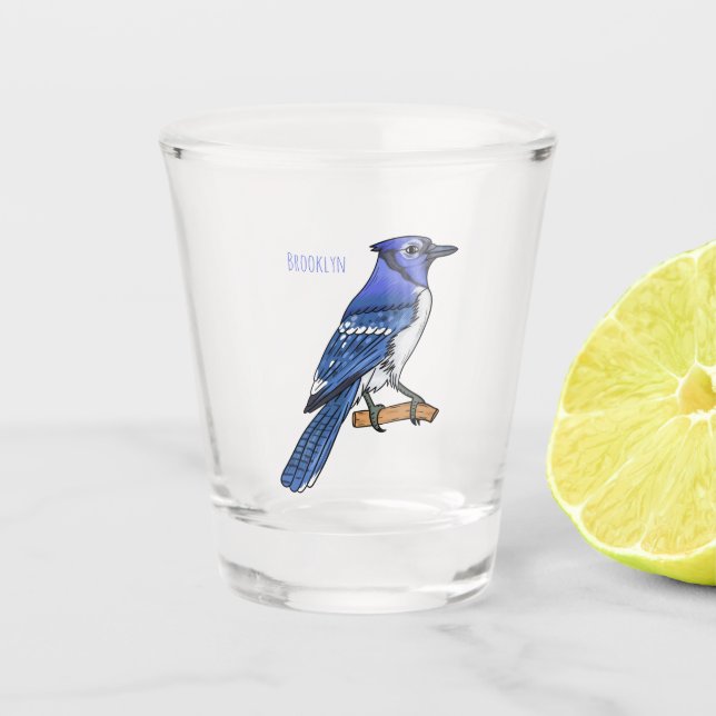 Blue jay bird cartoon illustration  shot glass (Front)
