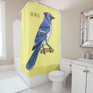Blue jay bird cartoon illustration  shower curtain
