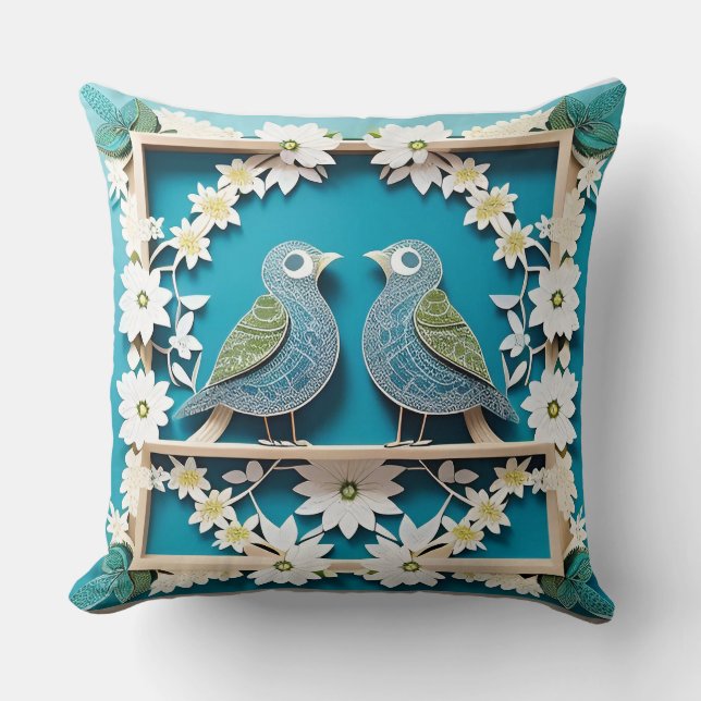 🌸 Blue Jay Bird Floral Nature Gift 🐦 Cushion (Front)