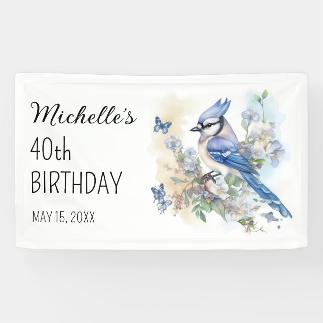 Blue Jay Bird Floral Springtime 40th Birthday Name Banner (Horizontal)