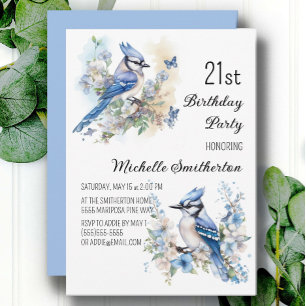 Blue Jay Bird Flowers Springtime 21st Birthday Invitation