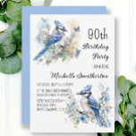 Blue Jay Bird Flowers Springtime 90th Birthday Invitation<br><div class="desc">90th birthday party invitation with paintings of beautiful Blue Jays sitting among blossoms in the branches of a tree. Contact me for assistance with your customisations or to request additional matching or coordinating Zazzle products for your celebration.</div>