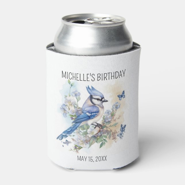 Blue Jay Bird Flowers Springtime Birthday Name Can Cooler (Can Front)