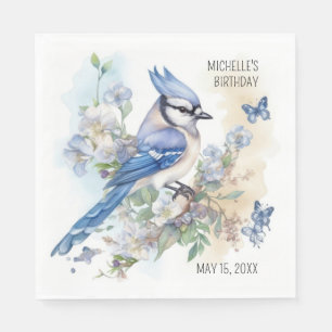 Blue Jay Bird Flowers Springtime Birthday Name Napkin
