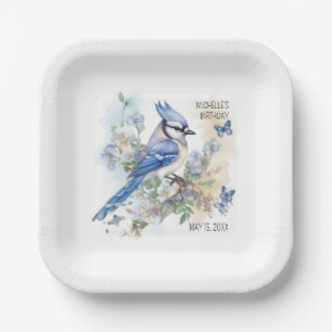 Blue Jay Bird Flowers Springtime Birthday Name Paper Plate