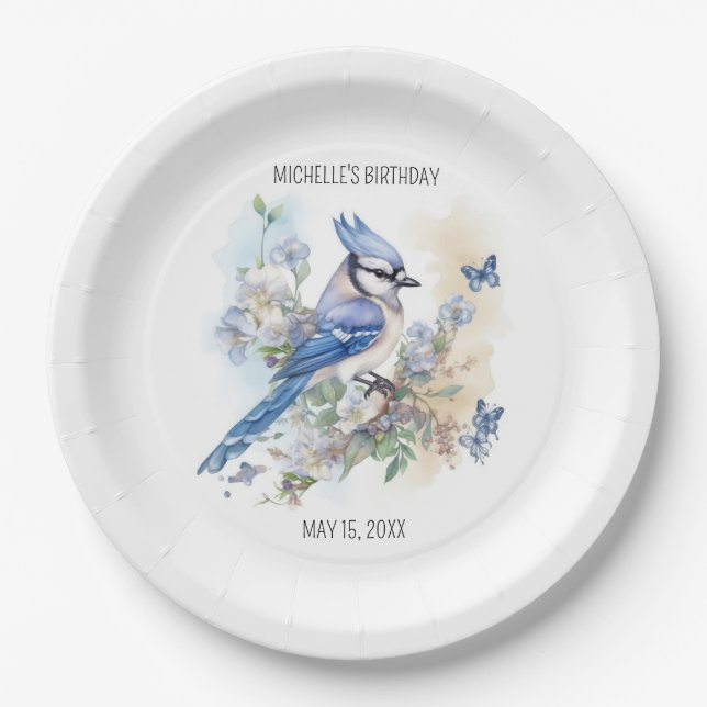 Blue Jay Bird Flowers Springtime Birthday Name Paper Plate (Front)