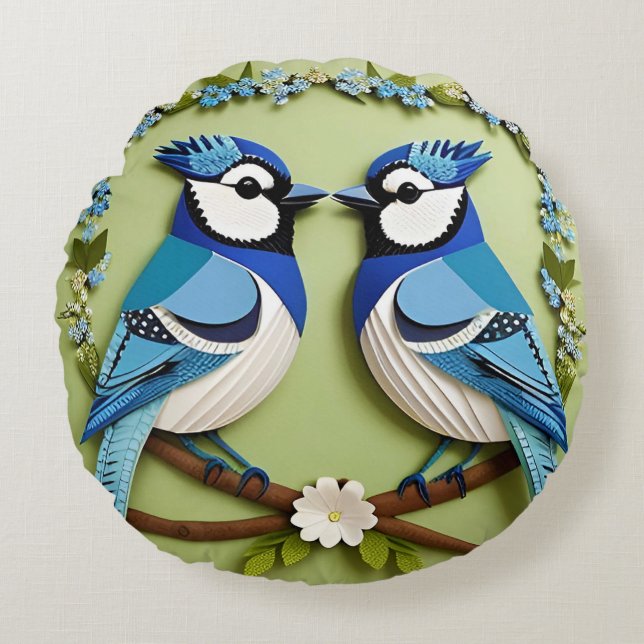 🕊️ Blue Jay Bird Nature Style Home Decor🌸 Round Cushion (Front)