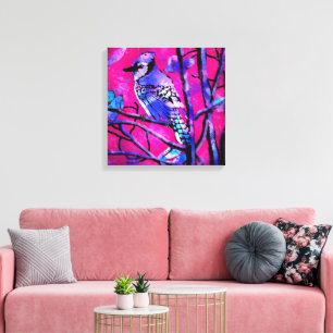 Blue Jay Bird on Tree Branch Pink Abstract Art  Canvas Print