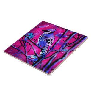 Blue Jay Bird on Tree Branch Pink Abstract Art  Tile