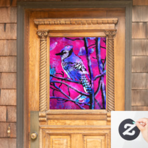 Blue Jay Bird on Tree Branch Pink Abstract Art Window Cling