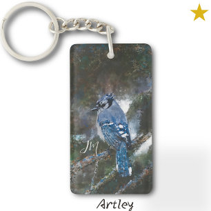 Blue Jay Bird Painting Initials Birdwatching  Key Ring