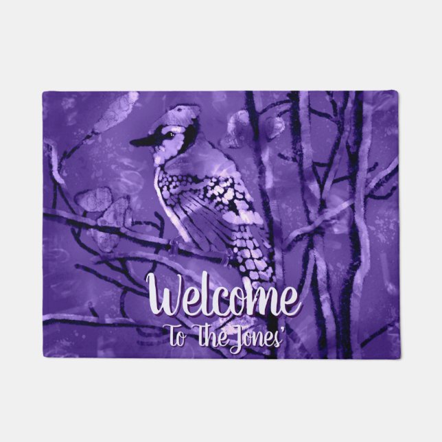 Blue Jay Bird Purple Abstract Art Personalised Doormat (Front)