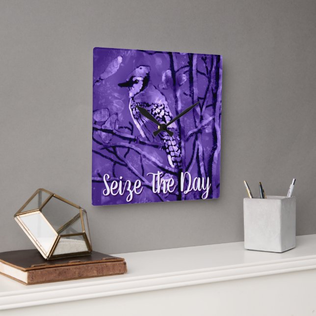 Blue Jay Bird Purple Abstract Art Personalised Square Wall Clock (Office)
