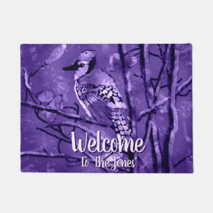 Blue Jay Bird Purple Abstract Art Personalized Doormat