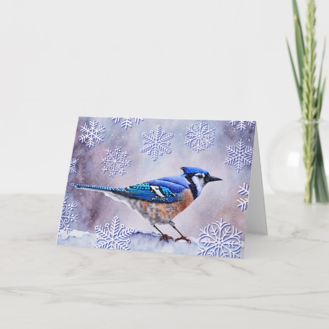 Blue Jay Bird Snow Winter Christmas Card (Front)