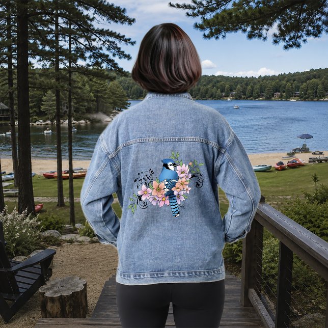 Blue Jay Bird Spring Flowers Nature Illustration Denim Jacket (Creator Uploaded)