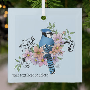 Blue Jay Bird Spring Flowers Nature Illustration Glass Tree Decoration