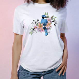 Blue Jay Bird Spring Flowers Nature Illustration T-Shirt