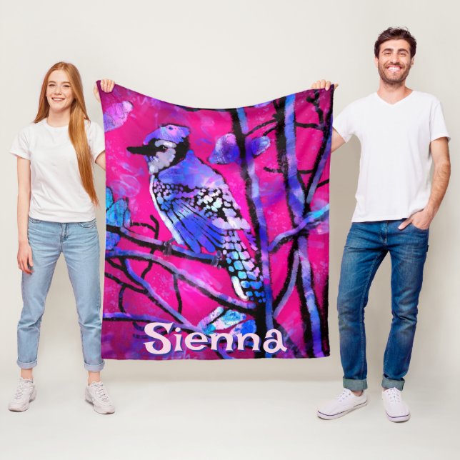 Blue Jay Bird Tree Branch Pink Personalised  Fleece Blanket (In Situ)