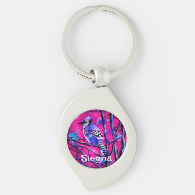 Blue Jay Bird Tree Branch Pink Personalised  Key Ring (Front)