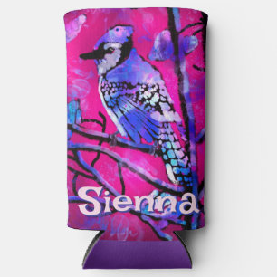 Blue Jay Bird Tree Branch Pink Personalised Seltzer Can Cooler