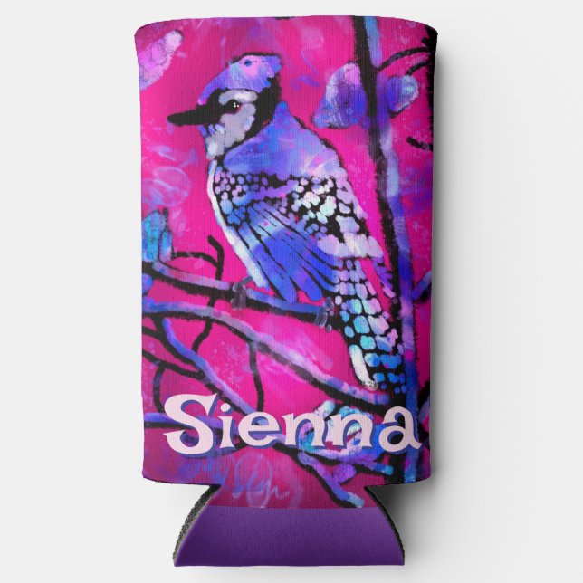 Blue Jay Bird Tree Branch Pink Personalised  Seltzer Can Cooler (Front)