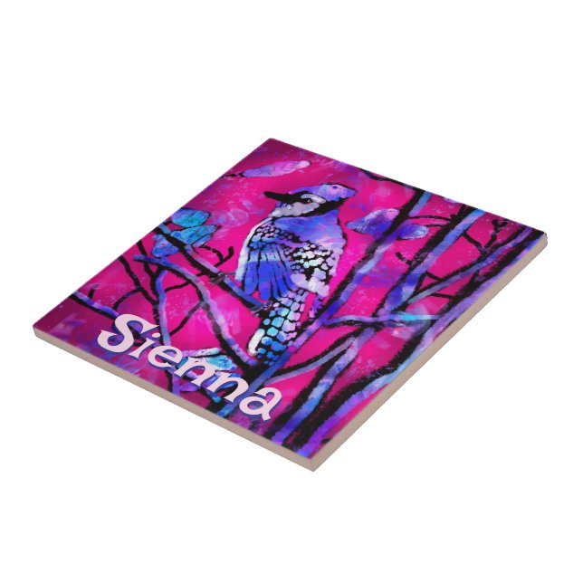 Blue Jay Bird Tree Branch Pink Personalised  Tile (Side)