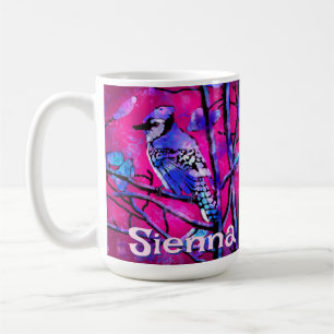 Blue Jay Bird Tree Branch Pink Personalized  Coffee Mug