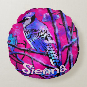 Blue Jay Bird Tree Branch Pink Personalized  Round Cushion