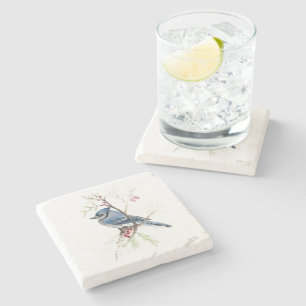 Blue Jay Bird Watercolor Art Stone Coaster