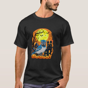 Blue Jay Bird With Pumpkins Funny Scary Halloween  T-Shirt