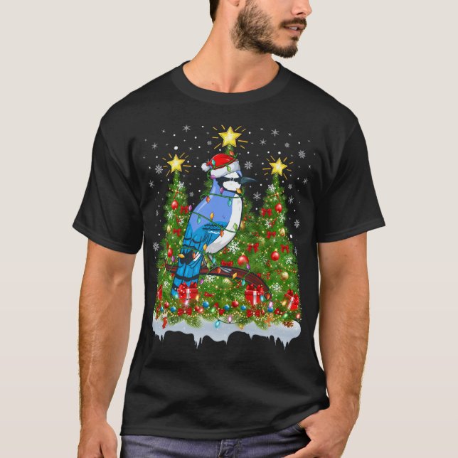 Blue Jay Bird Xmas Lights Santa Blue Jay Christmas T-Shirt (Front)