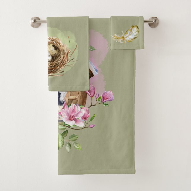 Blue Jay Birdhouse Flowers Nest Feather Blue Pink Bath Towel Set (Insitu)