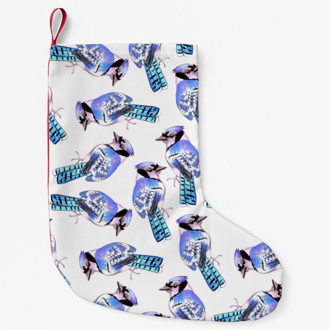 Blue jay birds in watercolor small christmas stocking (Front)