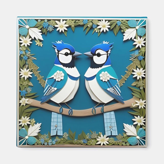 Blue Jay Birds Paper Art for Nature Lovers Magnet (Front)