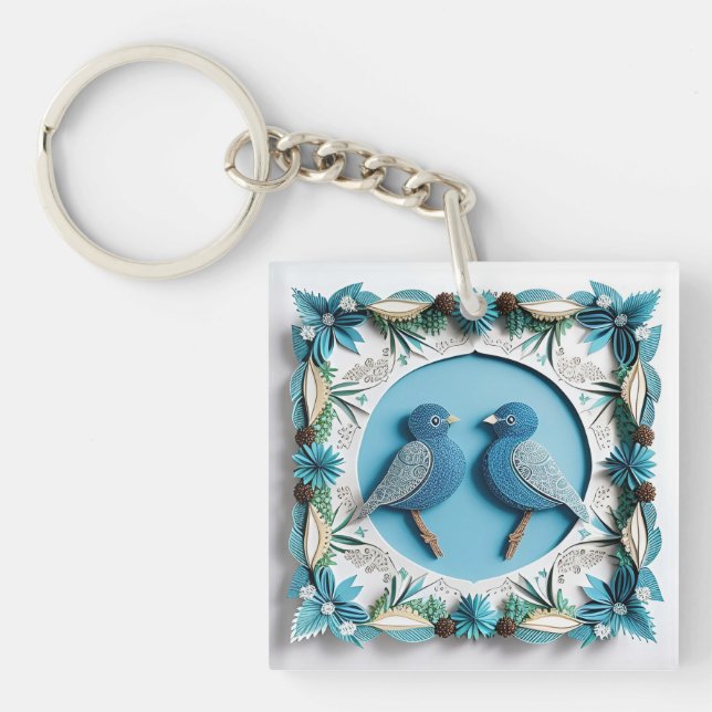 Blue Jay Birds Paper Art Key Ring (Front)