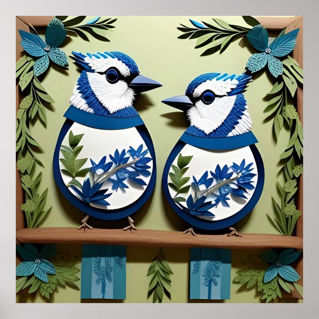 Blue Jay Birds Paper Art Poster (Front)