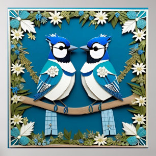 Blue Jay Birds Paper Art Poster