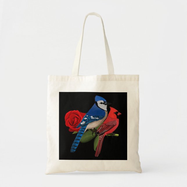 Blue Jay Cardinal Bird Valentine's Day Rose Birdlo Tote Bag (Front)